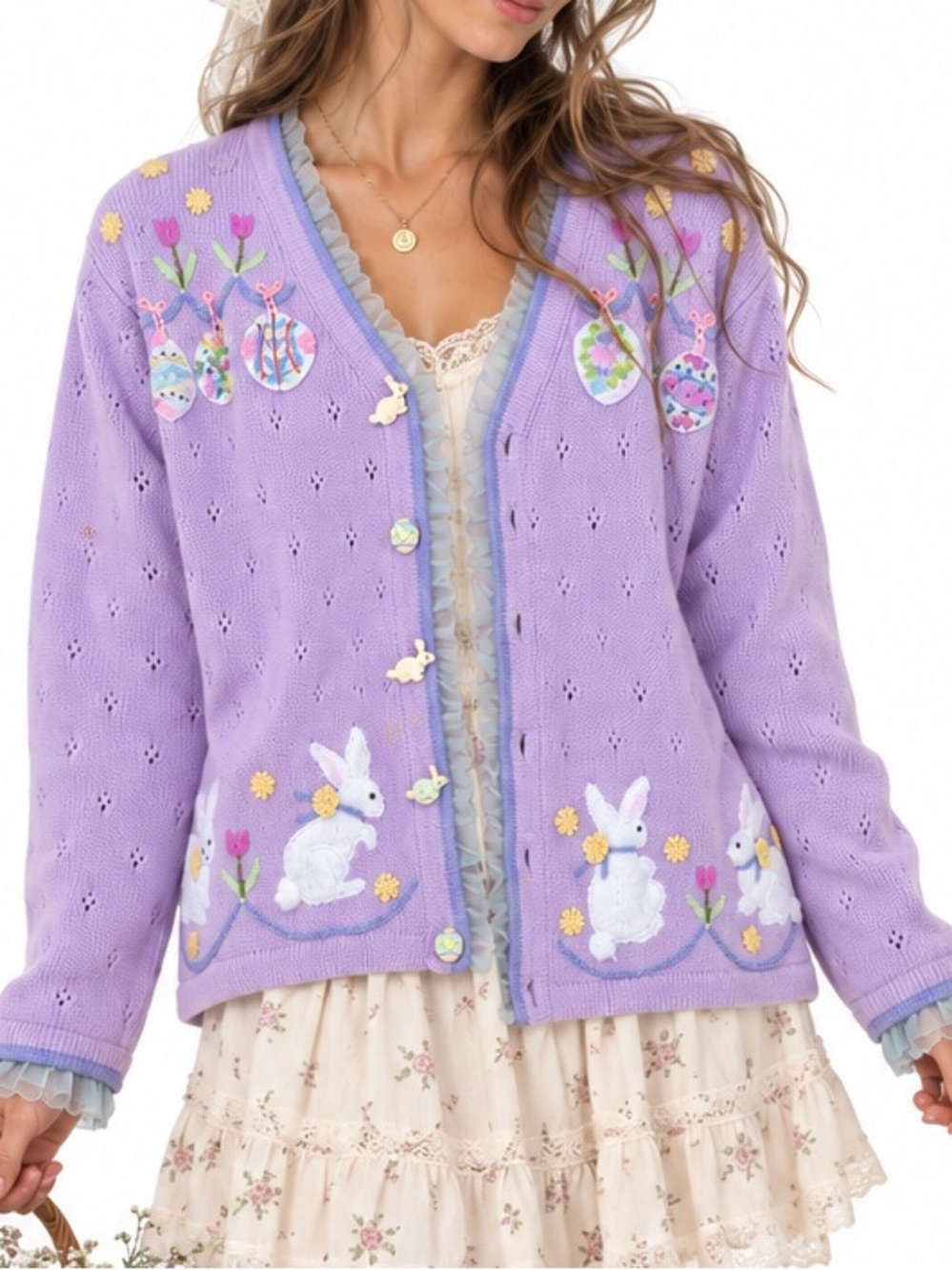 Storybook Knits Lavender Bunny Embroidered V-Neck Sweater Cardigan